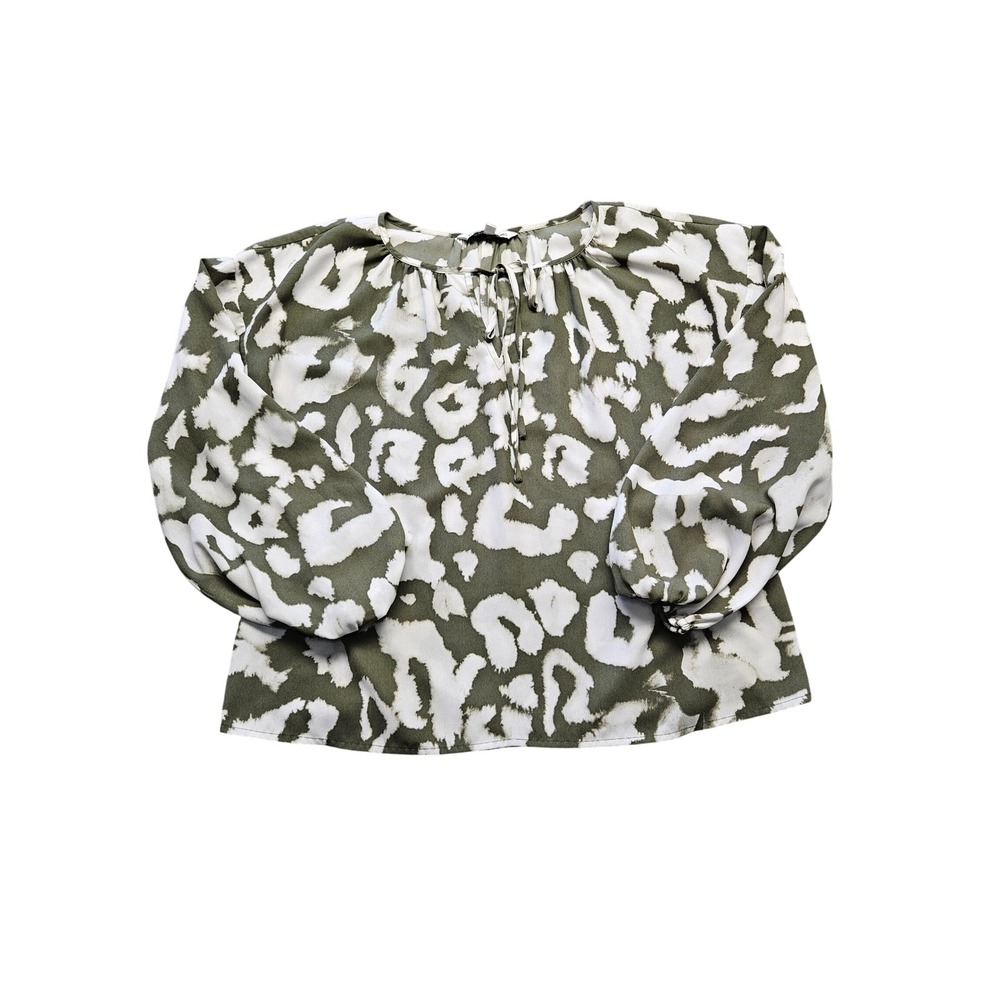 Elizabeth and James Olive Green White Leopard Print Tie‎ Neck Blouse Medium